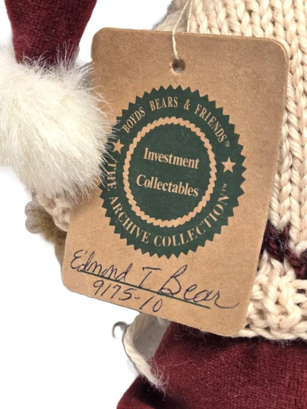 1998 Boyds Edmond T. Bear Archive Coll. Winter Sweater Plush Posable Santa Hat
